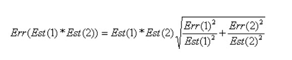 The standard error of the product of Estimate 1 one times Estimate 2, equals Estimate 1 times Estimate 2 times the square root of the following sum: Err 1 squared over Estimate 1 squared, plus Err 2 squared over Estimate 2 squared.