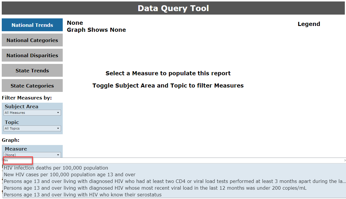 National Healthcare Quality and Disparities Reports Data Query data tool with hiv typed into the Measure filer text box 